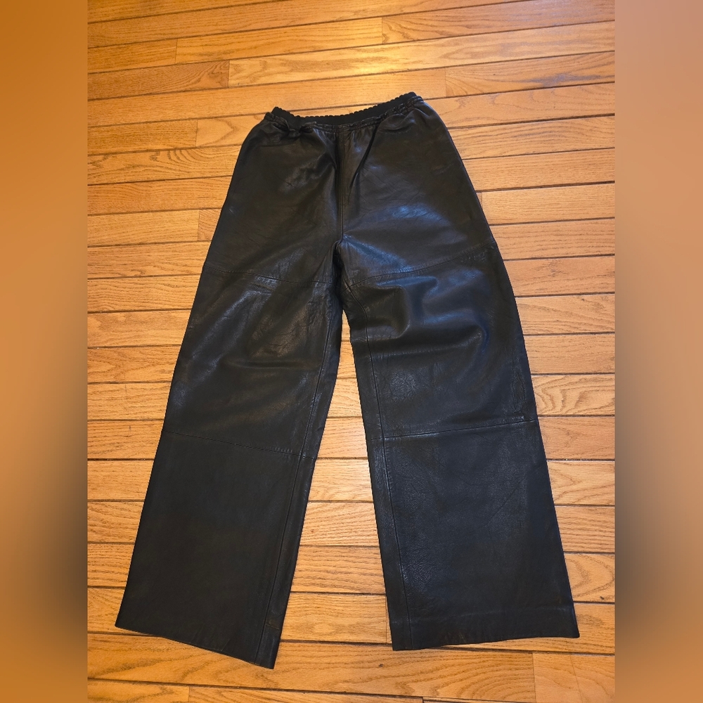 Sea NY Women's LUCIE Black Leather Pants Wide Leg Elastic Waist- Size 10 *NEW*